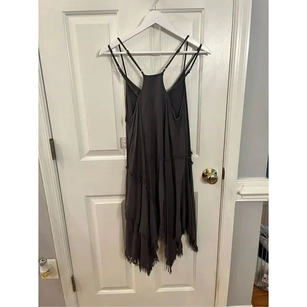 Intimately Free People Gray Tattered Up Fringe Hem Spaghetti Strap Boho Dress sz